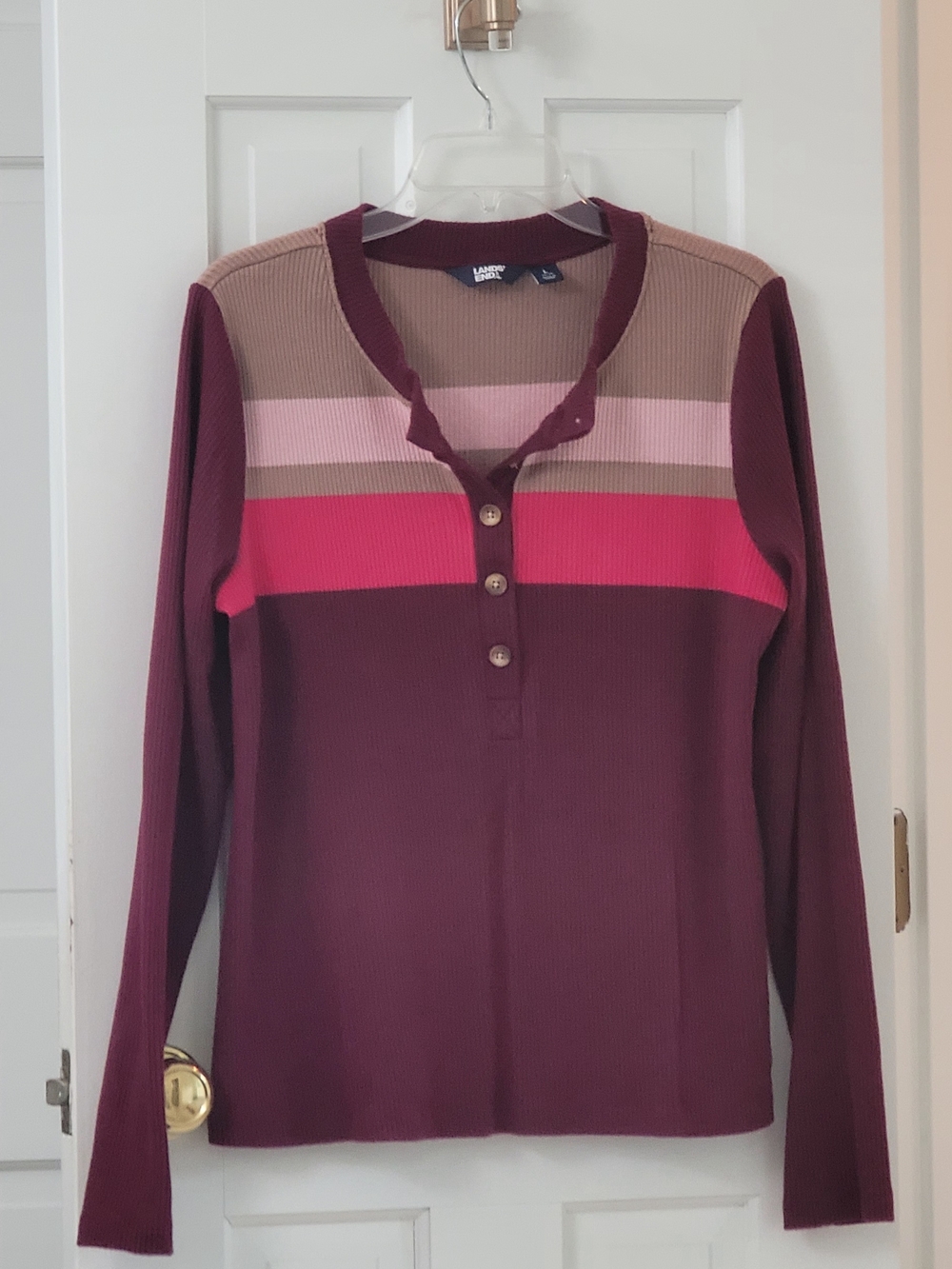 Lands' End Long Sleeve Ribbed Henley in Burgundy with Pink and Tan Stripes